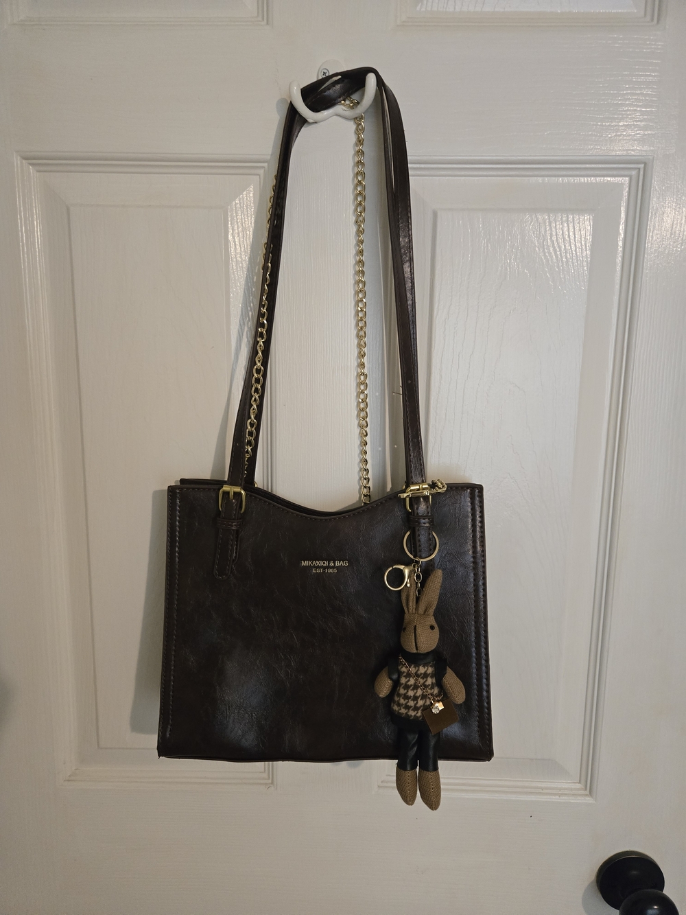 Mikaxiqi & Bag Dark Brown Leather Shoulder Bag with Charm